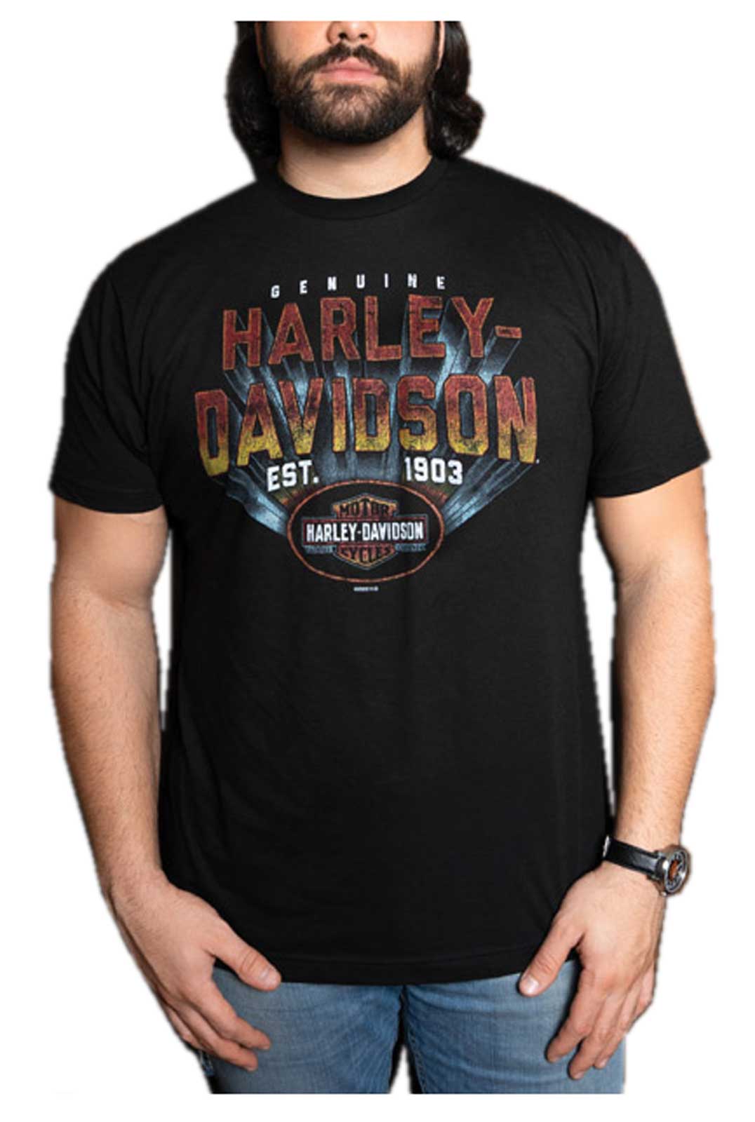 Harley-Davidson Men's 3D Script Crew-Neck Short Sleeve Cotton T-Shirt - Black - Wisconsin Harley-Davidson