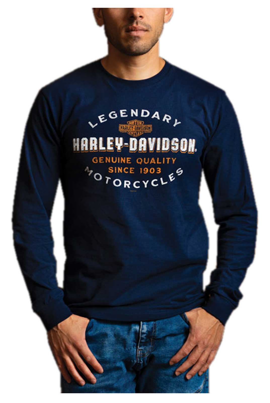 Harley-Davidson Men's Outfit Long Sleeve Cotton Crew-Neck Shirt - Navy Blue - Wisconsin Harley-Davidson
