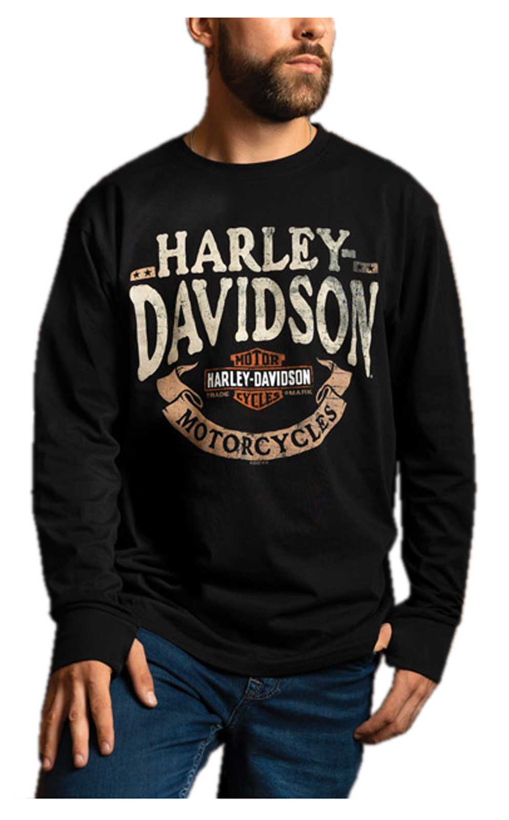 Harley-Davidson Men's Tattered Long Sleeve Crew-Neck Cotton Shirt - Black - Wisconsin Harley-Davidson