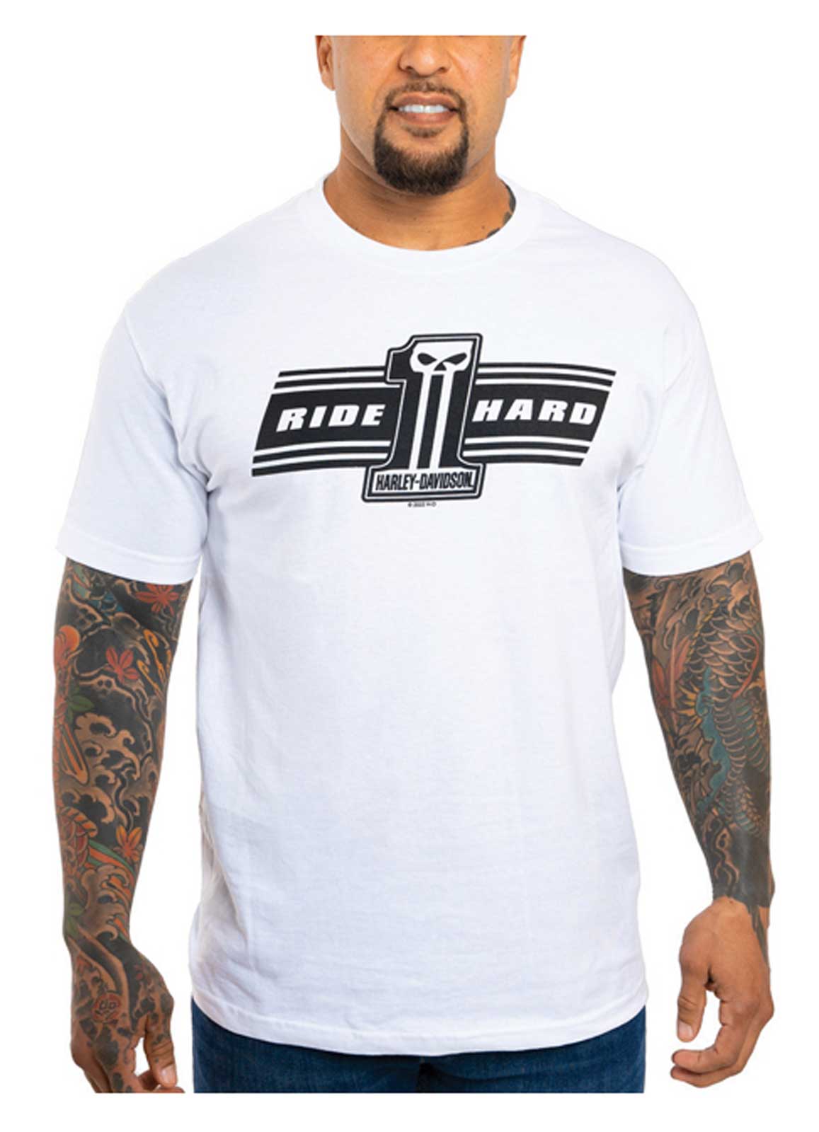 Harley-Davidson Men's Dark Custom Ride Hard Crew-Neck Short Sleeve Shirt - White - Wisconsin Harley-Davidson