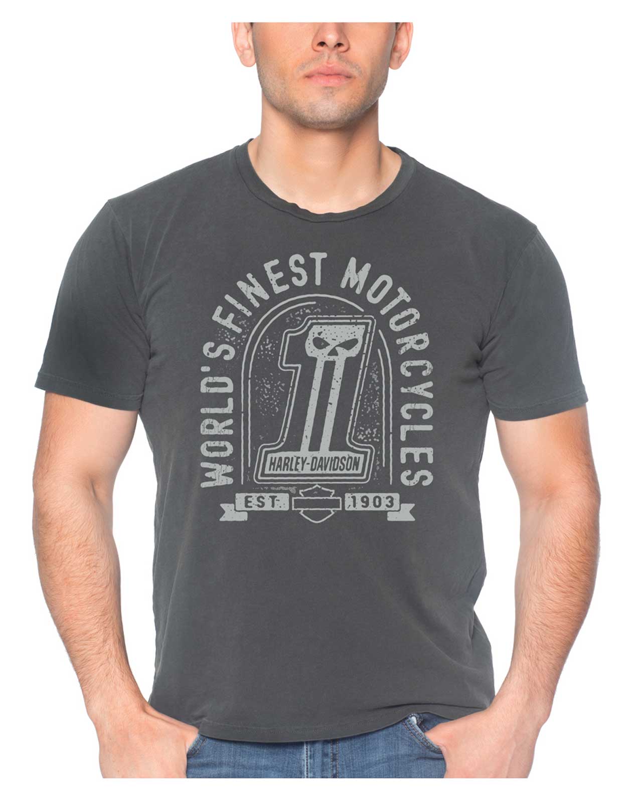 Harley-Davidson Men's Dark Custom Crew-Neck Short Sleeve Cotton Shirt, Charcoal - Wisconsin Harley-Davidson