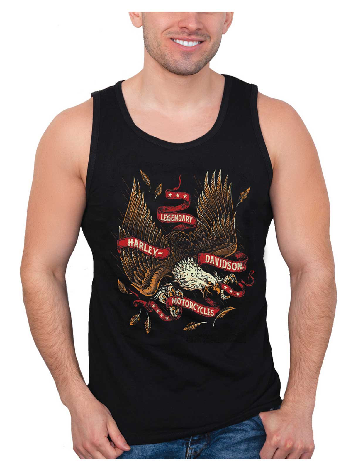 Harley-Davidson Men's Fly Eagle Ribbon Sleeveless Tank Top - Solid Black - Wisconsin Harley-Davidson