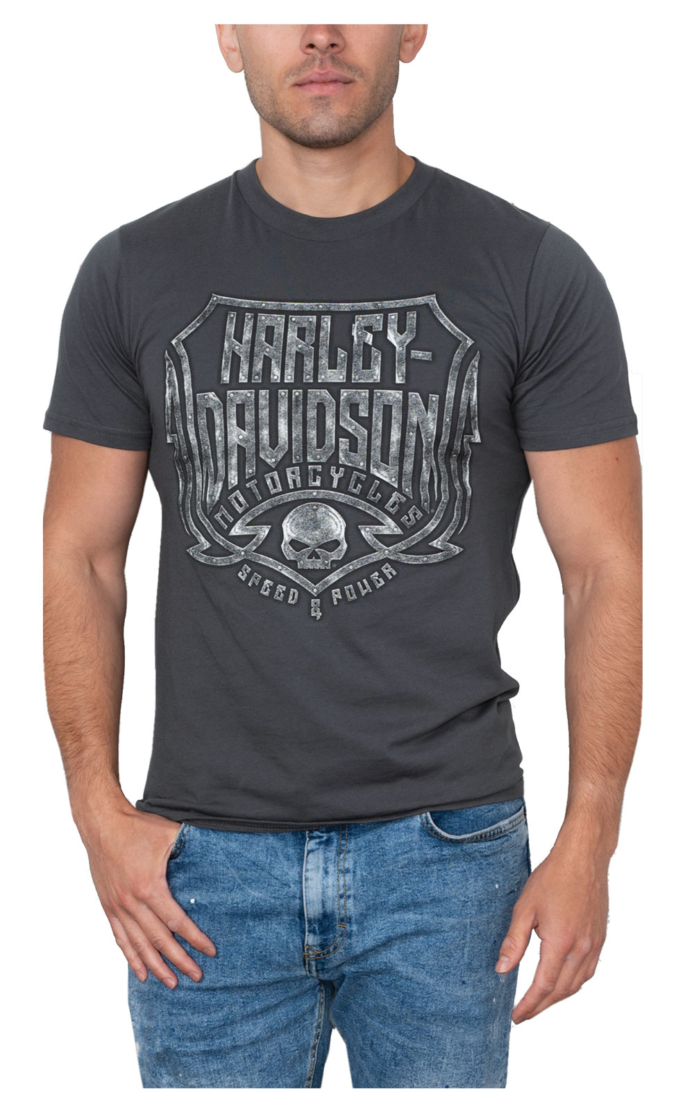 Harley-Davidson Men's Steel Shield Crew-Neck Short Sleeve T-Shirt - Asphalt Gray - Wisconsin Harley-Davidson