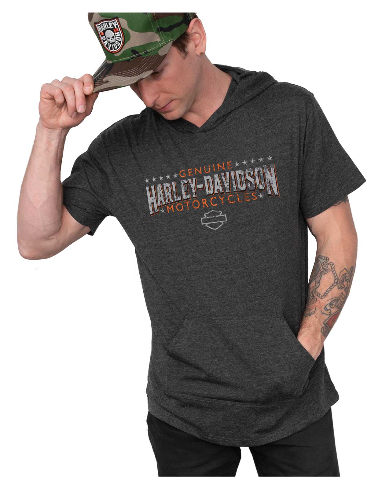 ★Harley Davidson★ No1 MKE SEOUL T-shirt Melange Gray HH151 Harley-Davidson® Men's Dirt Mark Short Sleeve Hooded Tee