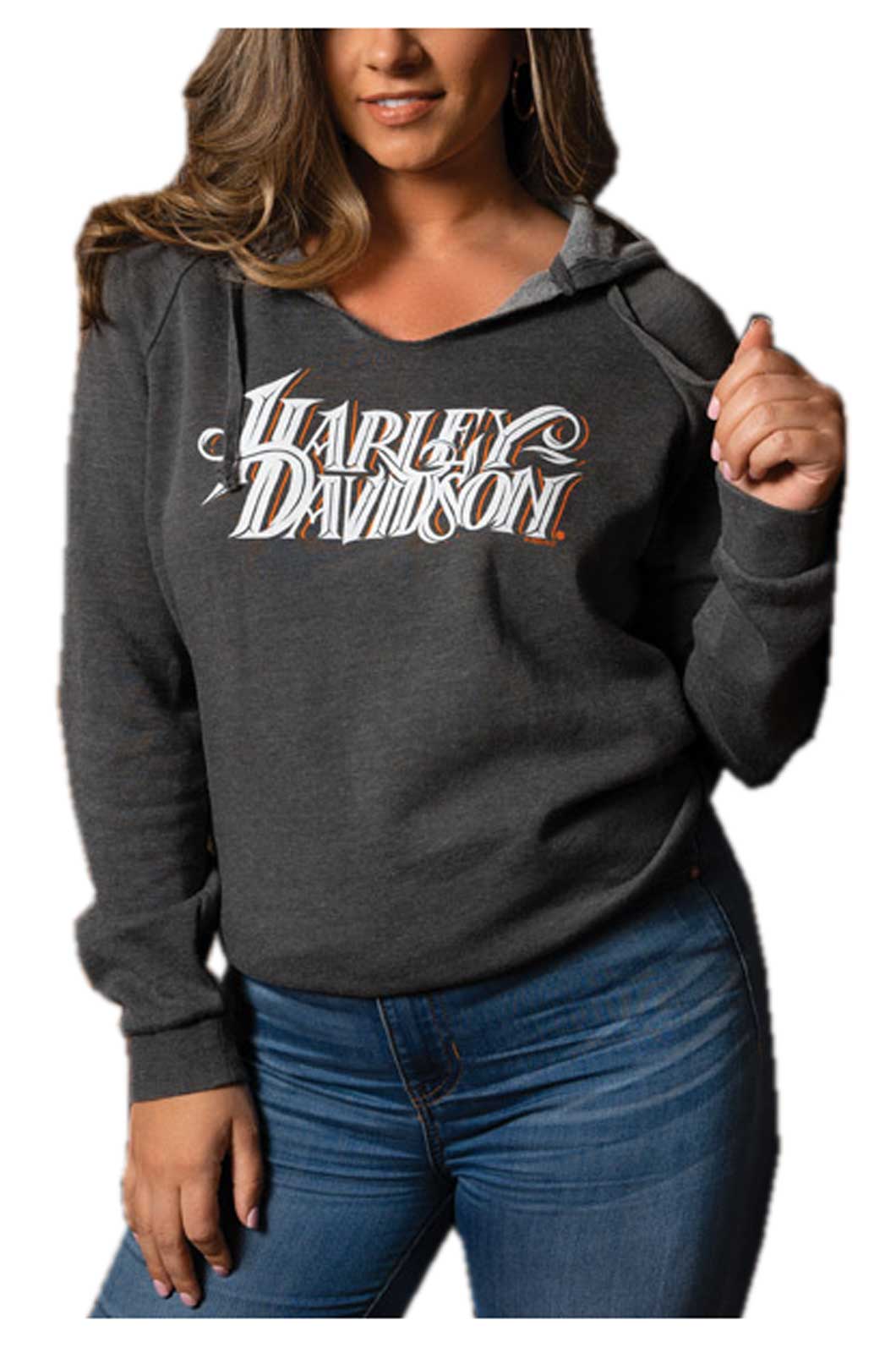 Harley-Davidson Women's Twisted Raw-Edge Pullover Fleece Hoodie - Washed Black - Wisconsin Harley-Davidson