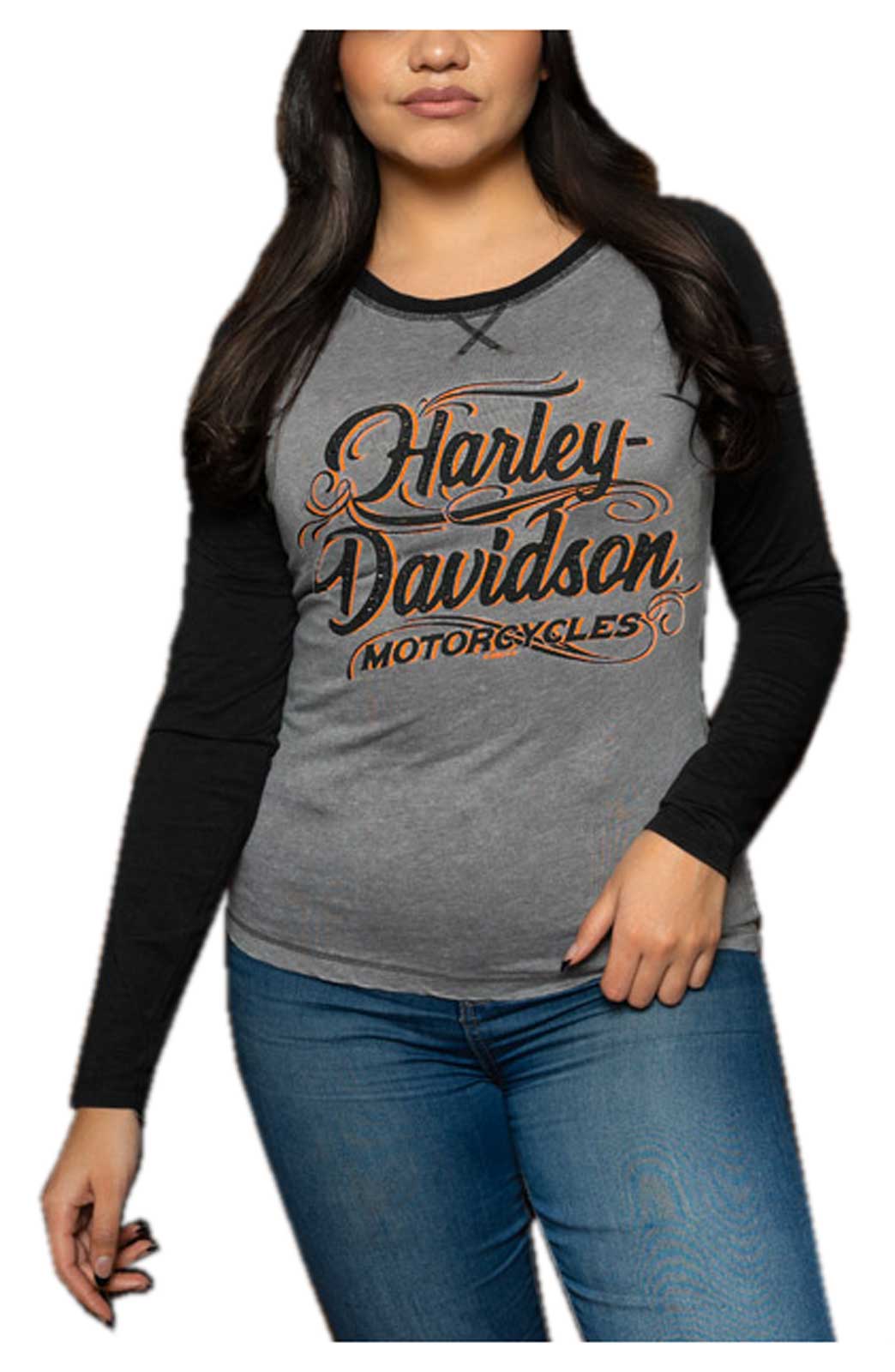 Harley-Davidson Women's Elements Embellished Long Sleeve Raglan Shirt Gray/Black - Wisconsin Harley-Davidson