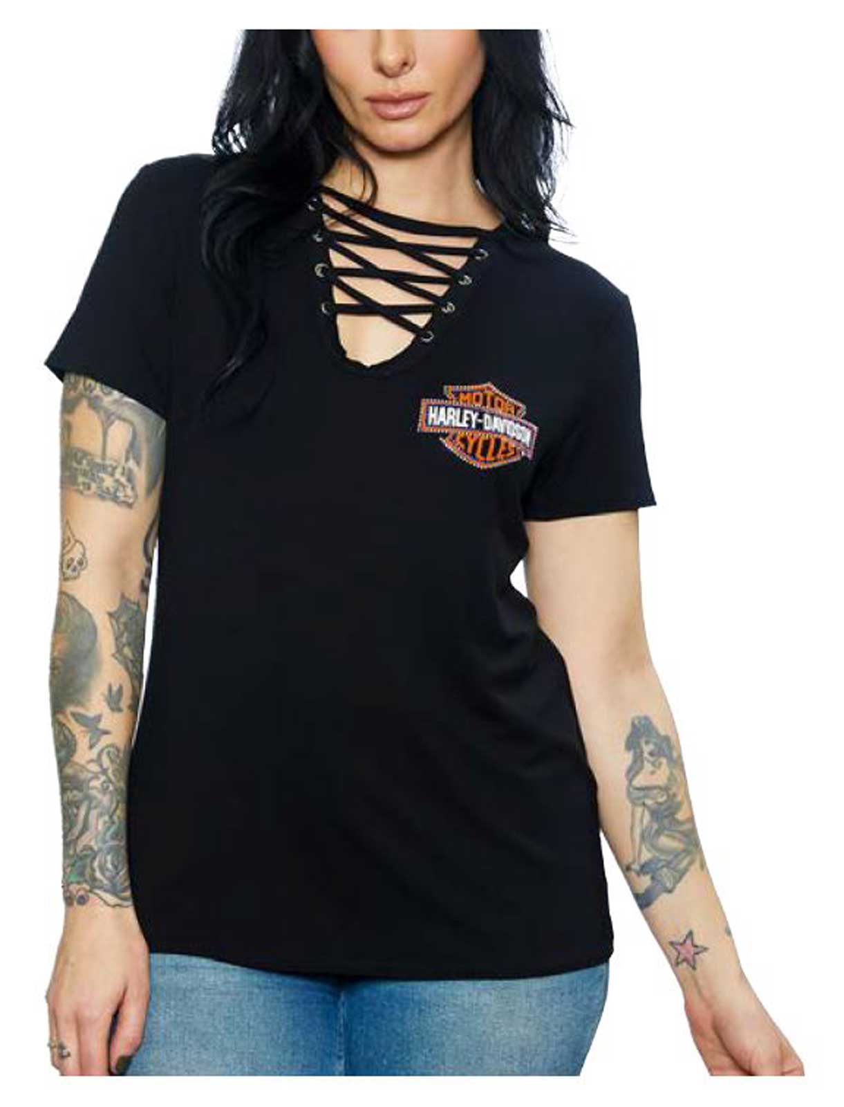 Harley-Davidson Women's Embellished Logos Short Sleeve Lace-Up Front Tee - Black - Wisconsin Harley-Davidson