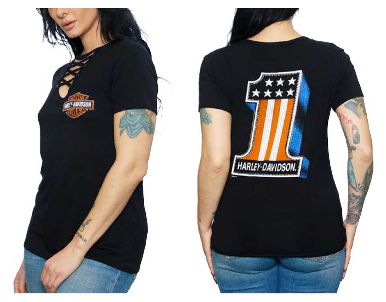 Harley-Davidson Free Shipping - Harley-Davidson Women's Embellished Logos Short Sleeve Lace-Up Front Tee - Black - Free Shipping on many products plus Orders Over $99