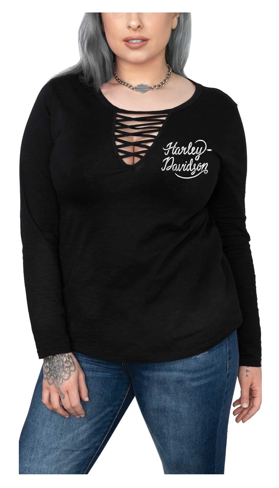 Harley-Davidson Women's Grunge Ribbon Long Sleeve Cut-Out V-Neck Tee - Wisconsin Harley-Davidson
