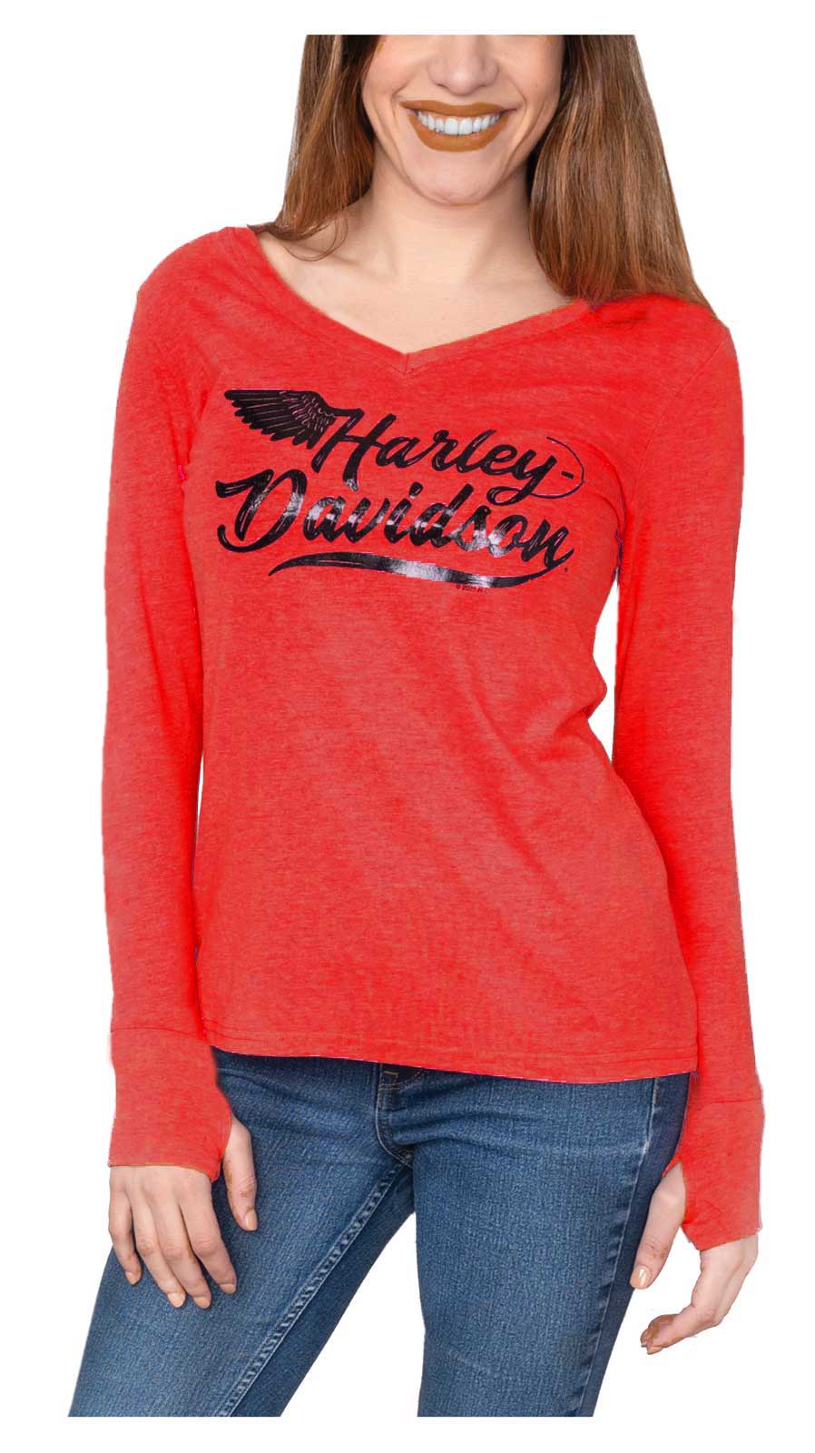 Harley-Davidson Women's Foiled Winged H-D V-Neck Long Sleeve Tee, Pink - Wisconsin Harley-Davidson