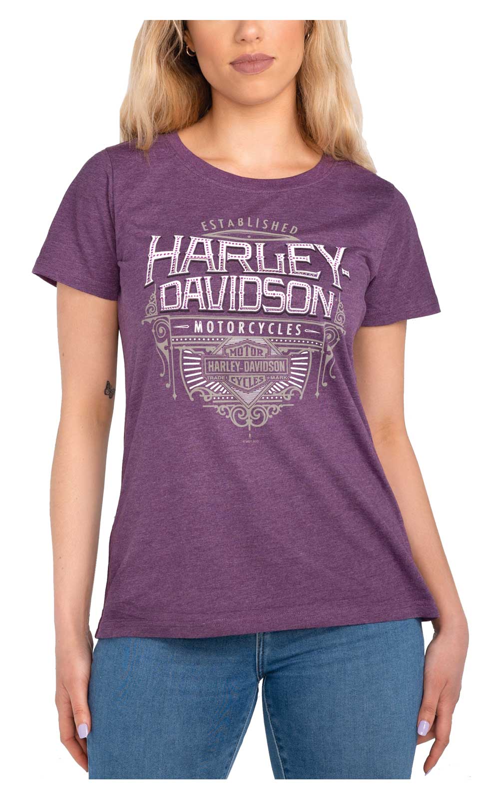 Harley-Davidson® Women's Embellished Shield Scoop Neck Short Sleeve Tee,  Purple