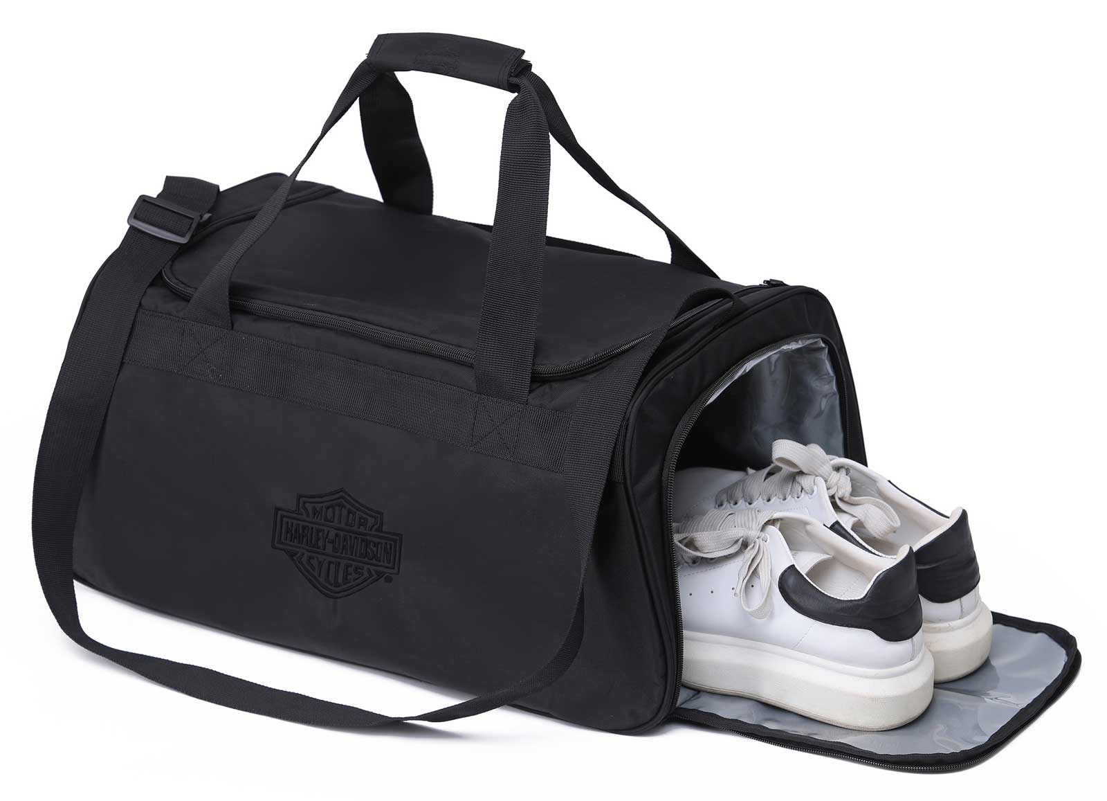 Harley-Davidson Crinkle Bar & Shield Nylon Duffel Bag w/Side Shoe Pocket - Black - No Hassle Returns at Wisconsin Harley