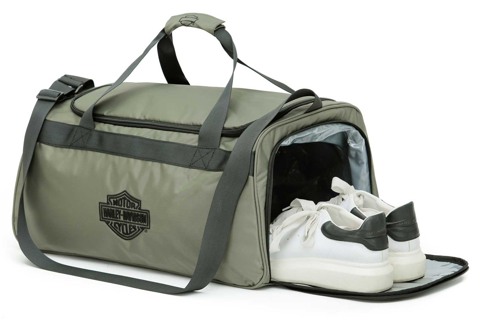 Harley-Davidson Crinkle Bar & Shield Nylon Duffel Bag w/Side Shoe Pocket - Green - No Hassle Returns at Wisconsin Harley