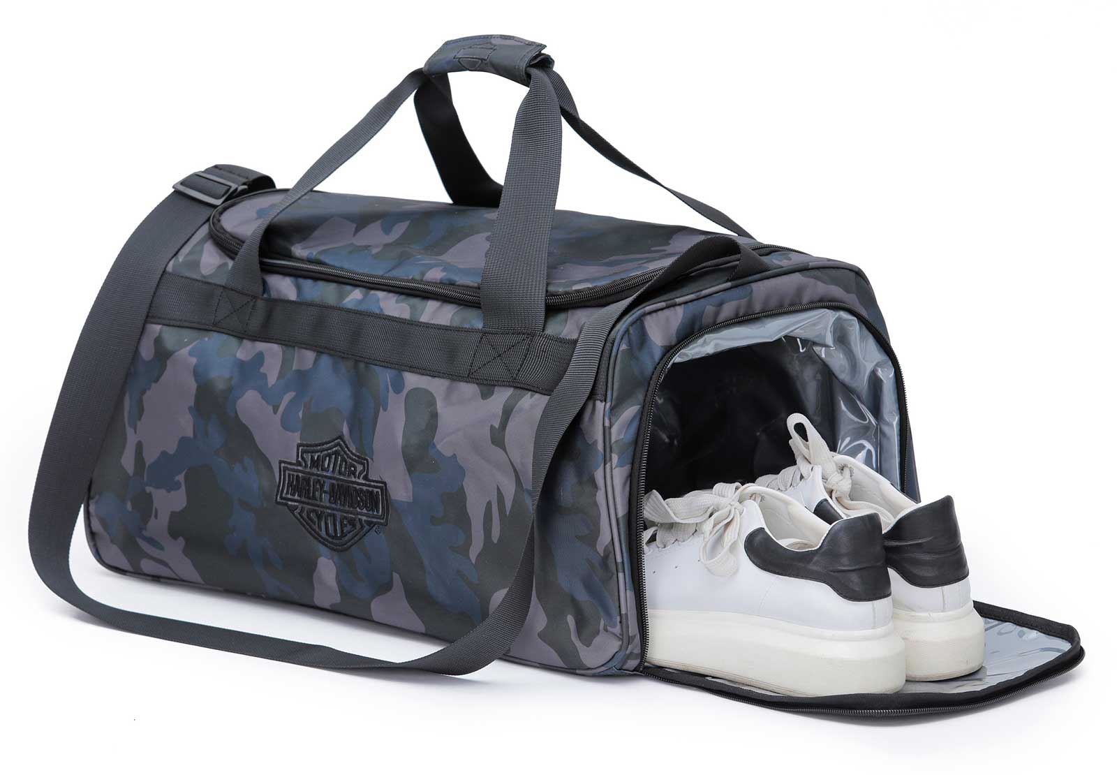 Harley-Davidson Crinkle Bar & Shield Nylon Duffel Bag w/Side Shoe Pocket - Camo - No Hassle Returns at Wisconsin Harley