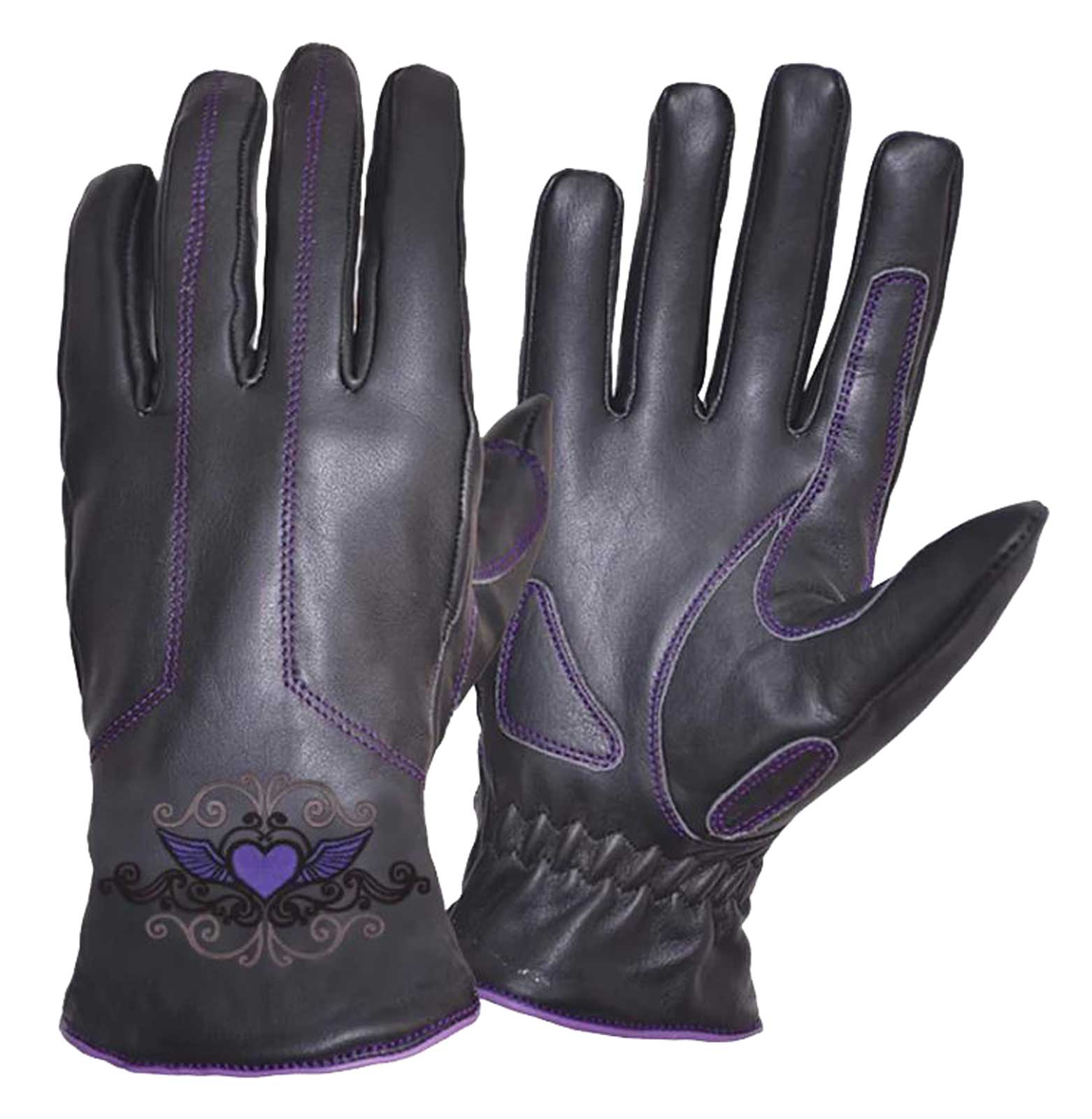UNIK Women's Purple Tribal Heart Full-Finger Cowhide Leather Gloves - Black - Wisconsin Harley-Davidson