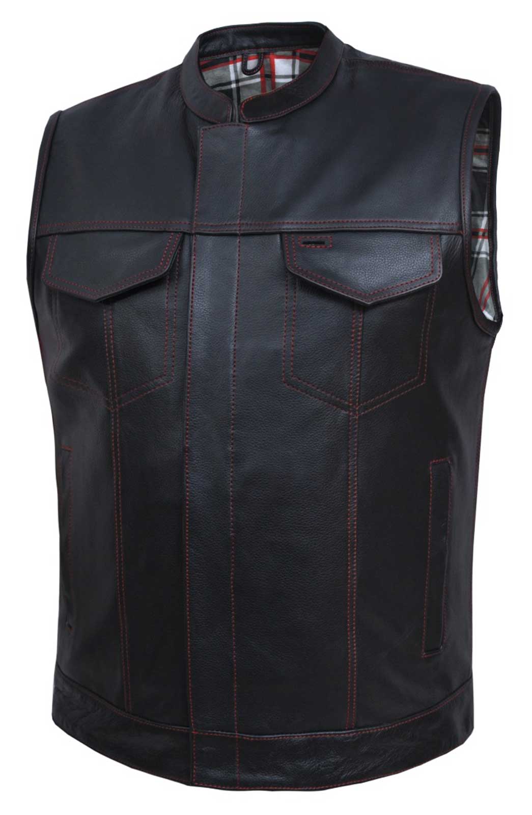 UNIK Men's Black & Red Plaid Flannel Lined Club Cowhide Leather Vest - Black - Wisconsin Harley-Davidson