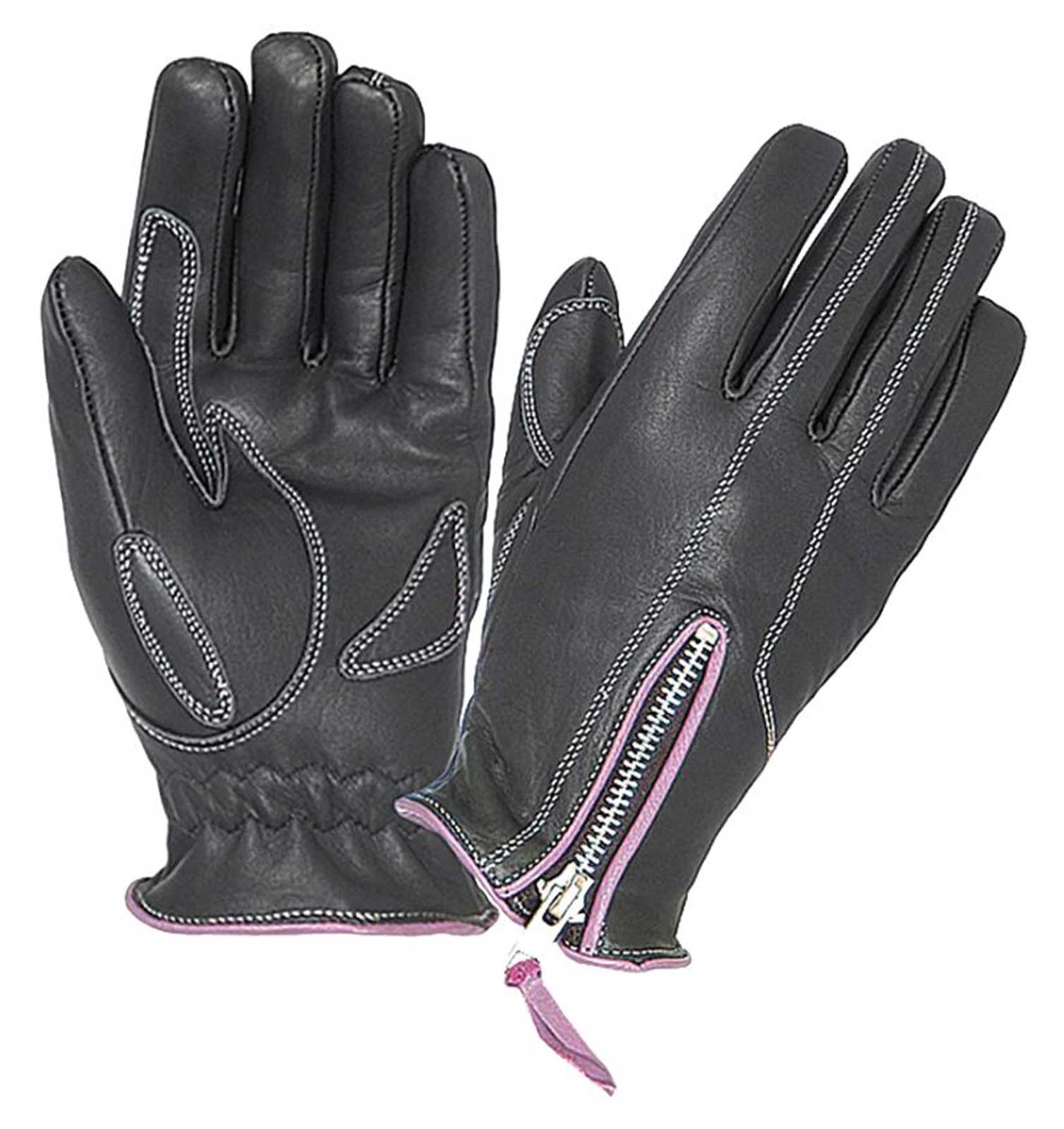 UNIK Women's Cowhide Leather Full-Finger Gloves w/ Purple Stitching - Black - Wisconsin Harley-Davidson