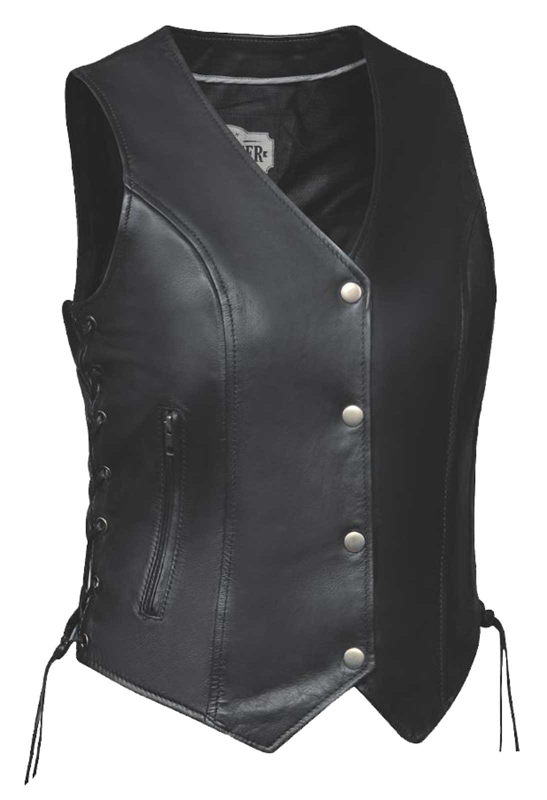 Derringer Women's Traditional Premium Lambskin Leather Motorcycle Vest - Black - Wisconsin Harley-Davidson