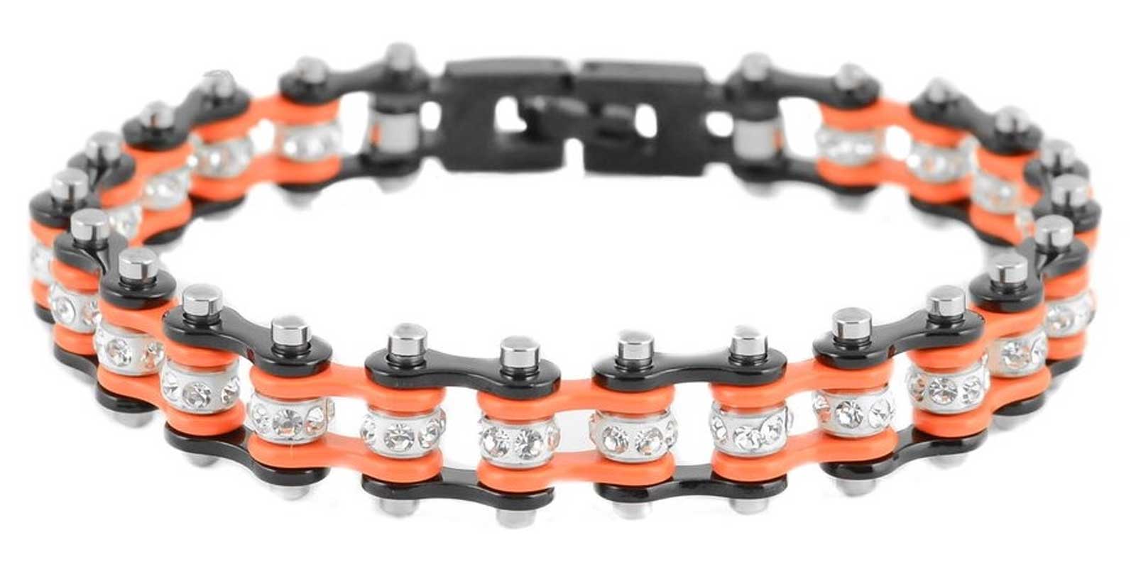 Heavy Metal Women's Two Tone Black/Orange Crystal Motorcycle Bike Chain Bracelet - Wisconsin Harley-Davidson