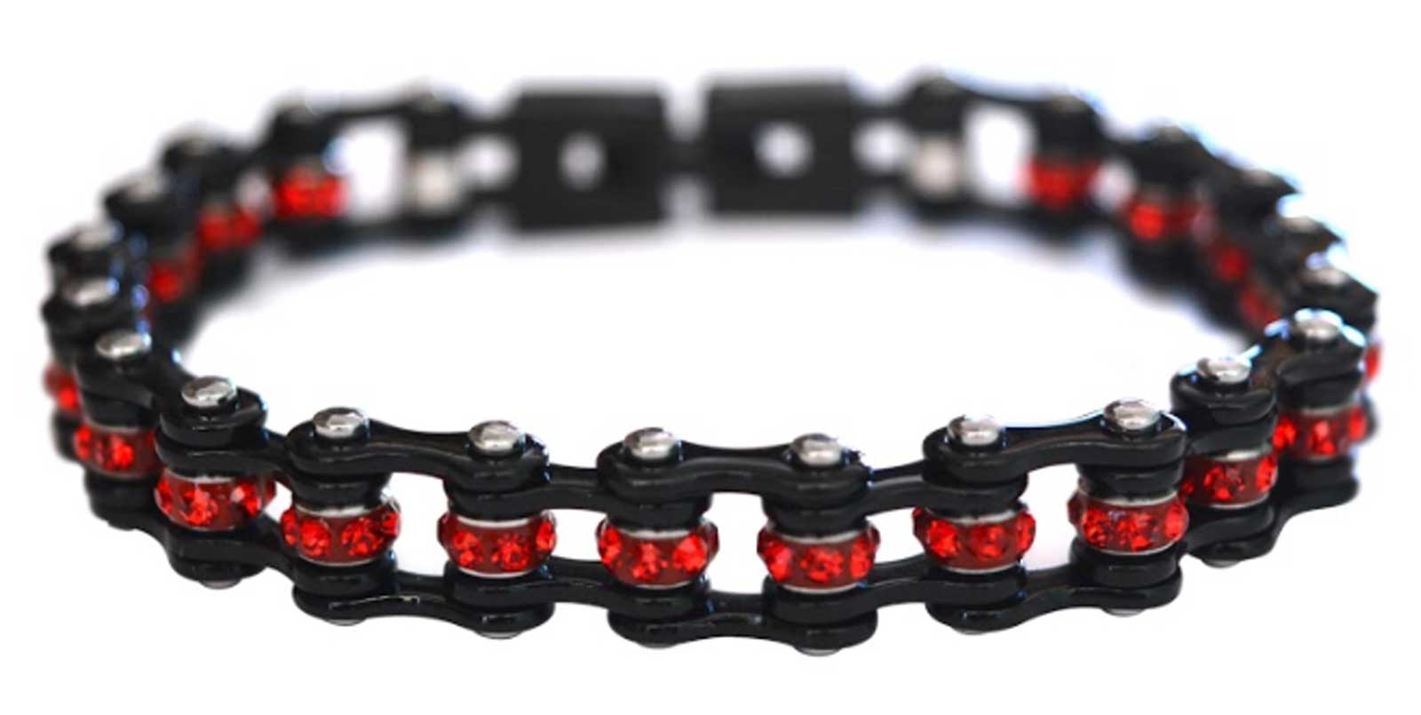 Heavy Metal Women's Red Crystals Stainless Steel Motorcycle Bike Chain Bracelet - Wisconsin Harley-Davidson