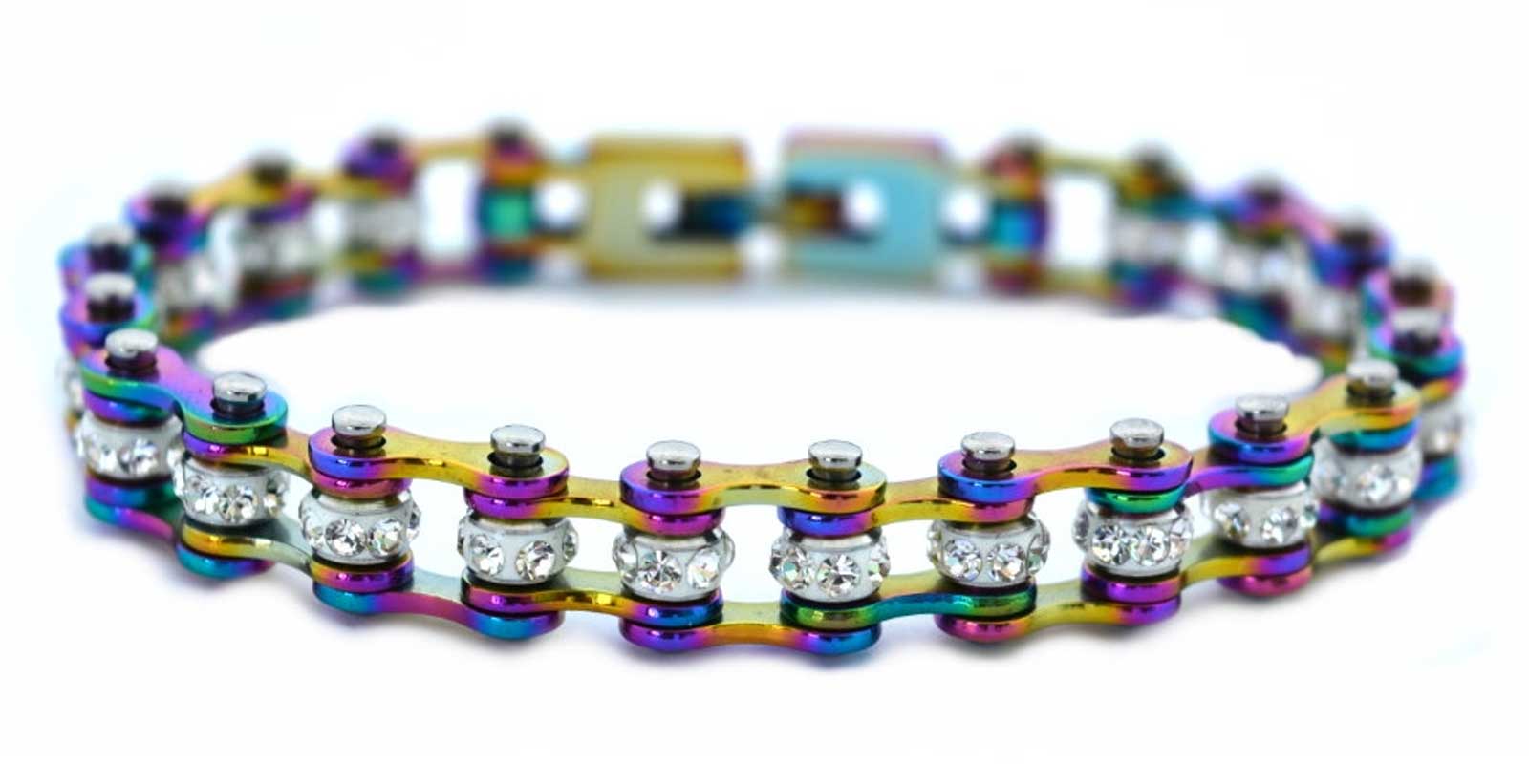 Heavy Metal Womens All Rainbow Crystals Stainless Motorcycle Bike Chain  Bracelet