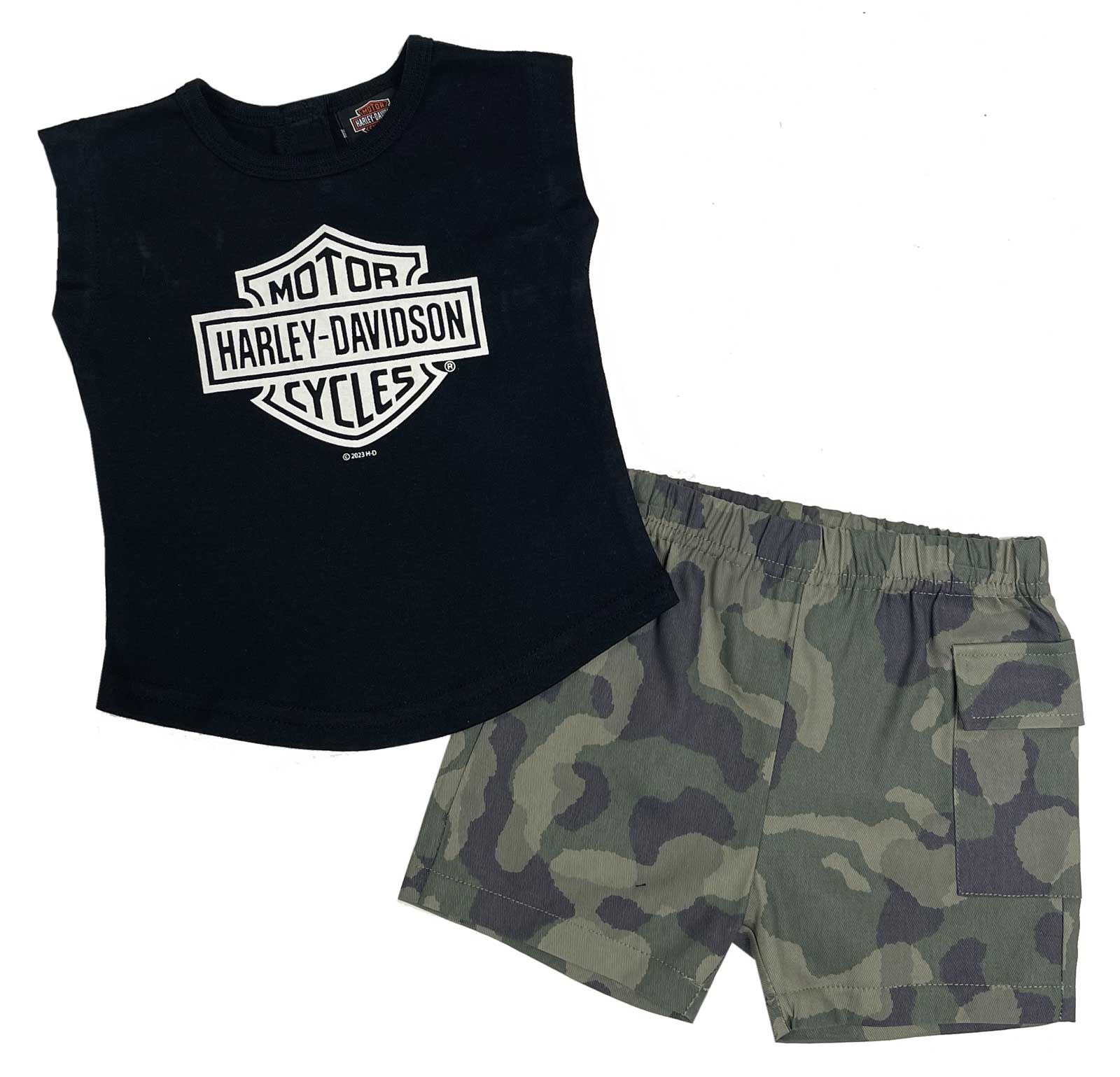 Harley-Davidson Baby Girls' 2 Piece Newborn B&S Muscle Tee & Camo Short Set - Wisconsin Harley-Davidson