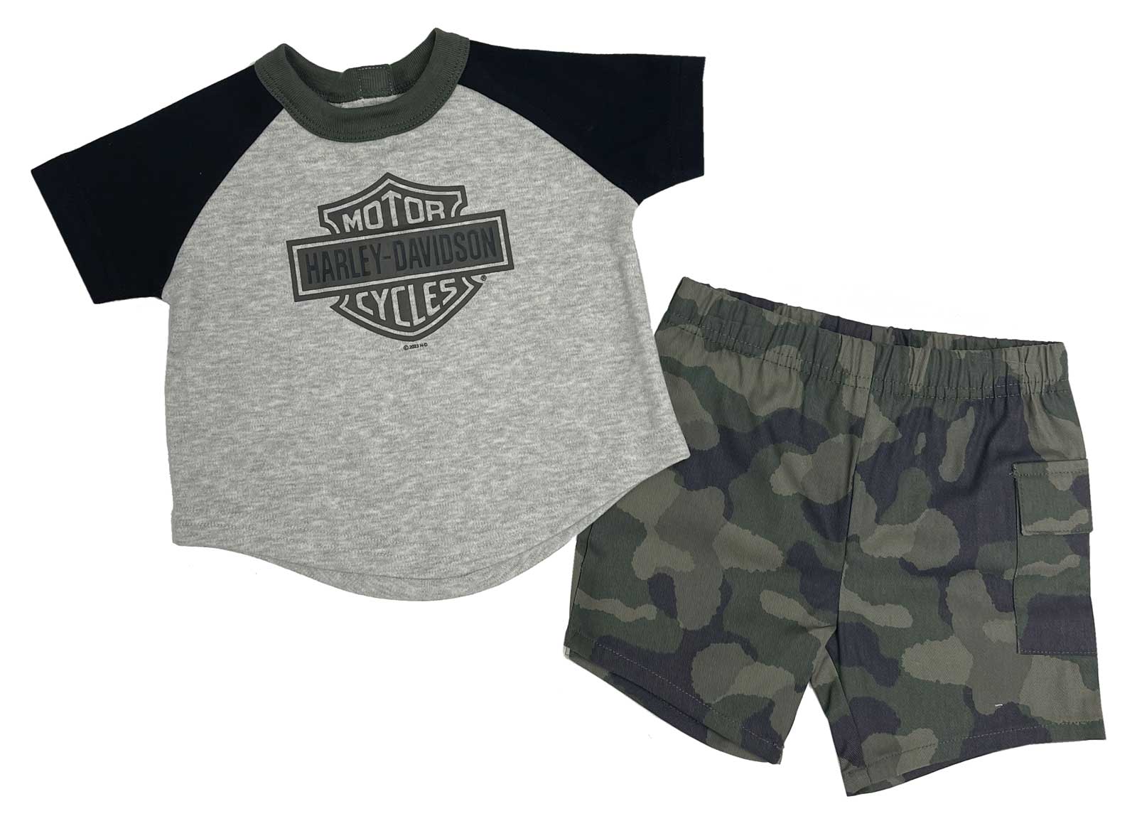 Harley-Davidson Baby Boys' 2-Piece Newborn B&S Raglan Tee & Camo Short Set - Wisconsin Harley-Davidson