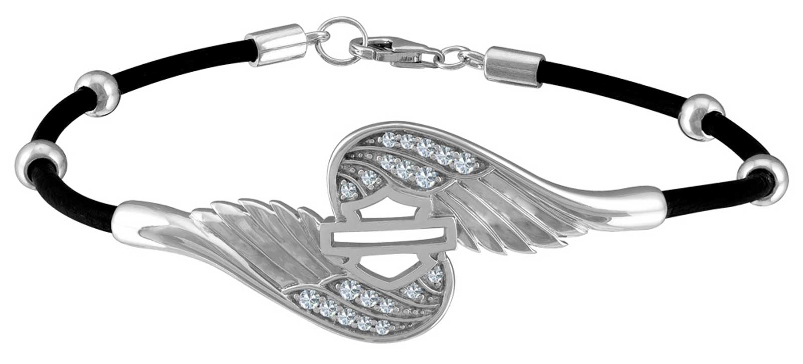 Harley-Davidson Women's Bar & Shield Bling Wing Leather Cord Bracelet - Silver - Wisconsin Harley-Davidson