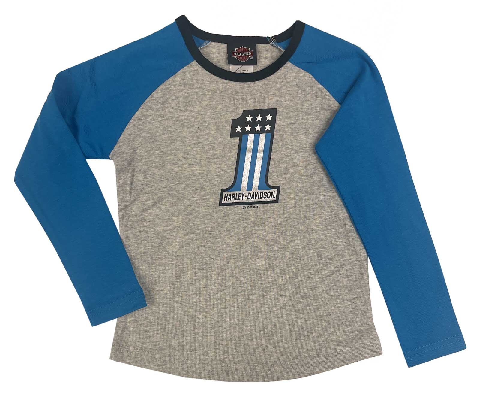 Harley-Davidson Little Girls' #1 Colorblock Rib Long Sleeve Raglan Tee - Gray - Wisconsin Harley-Davidson