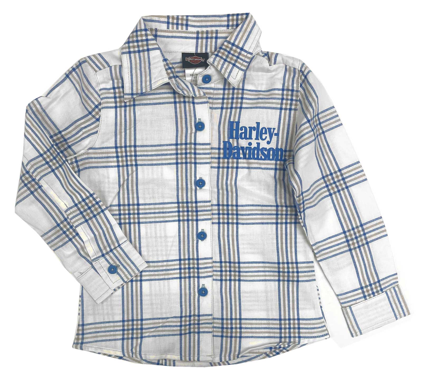 Harley-Davidson Big Girls' Glittery Long Sleeve Plaid Shirt - White/Blue - Wisconsin Harley-Davidson