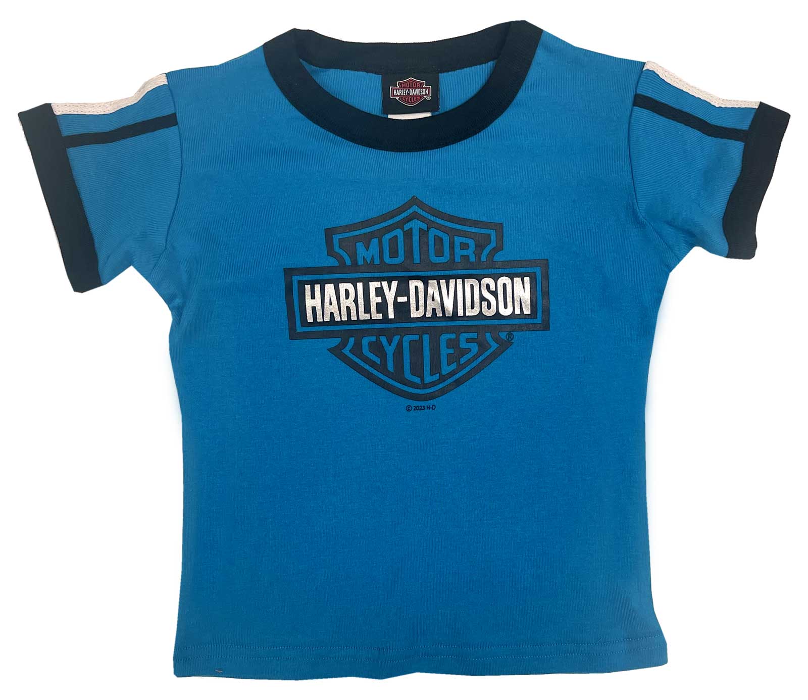 Harley-Davidson Little Girls' Bar & Shield Ringer Short Sleeve Tee - Blue - Wisconsin Harley-Davidson