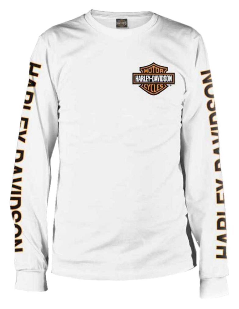 ◆Harley Davidson◆ Iconic Logo Long Sleeve T-Shirt White HH Harley-Davidson® Men's Long Sleeve Orange Bar & Shield White