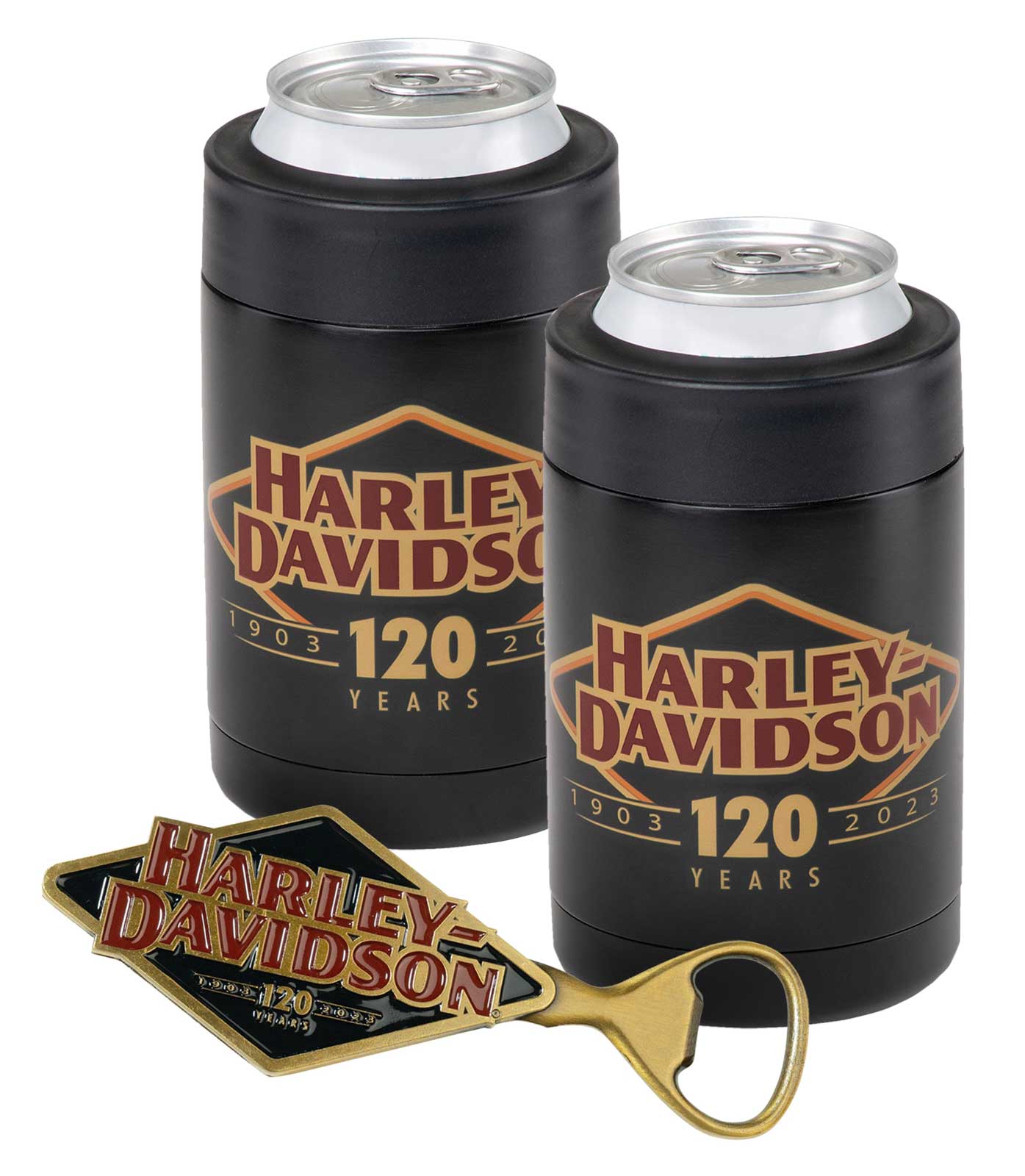 Harley-Davidson 120th Anniversary Cooler Set, Two Metal Can Coolers & Bottle Opener - Wisconsin Harley-Davidson