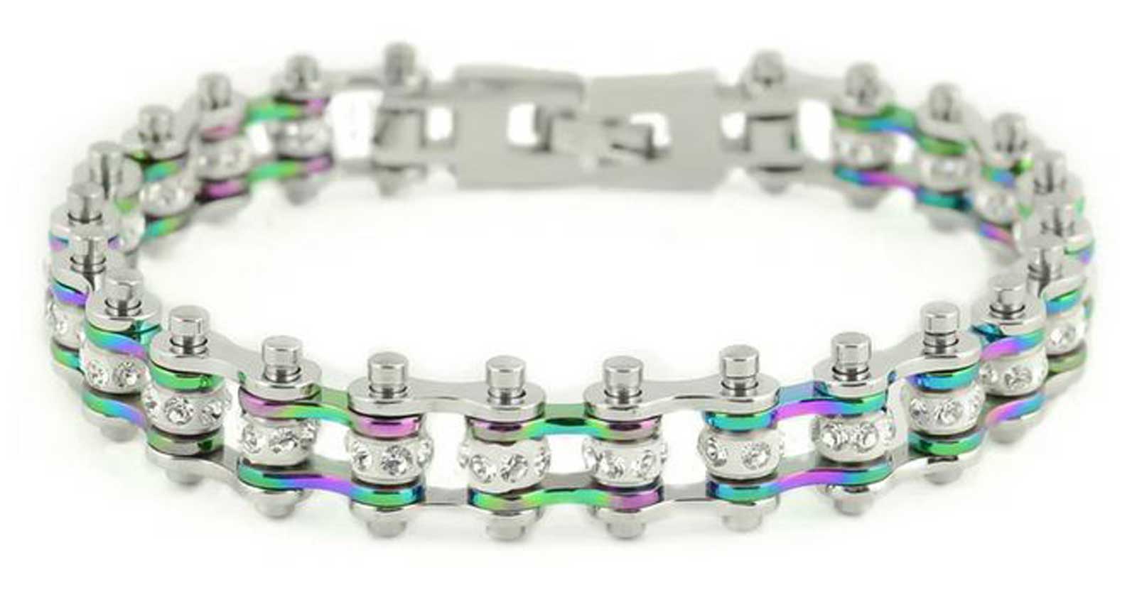 Heavy Metal Women's Silver Rainbow Two Tone Crystal Motorcycle Chain Bracelet - Wisconsin Harley-Davidson