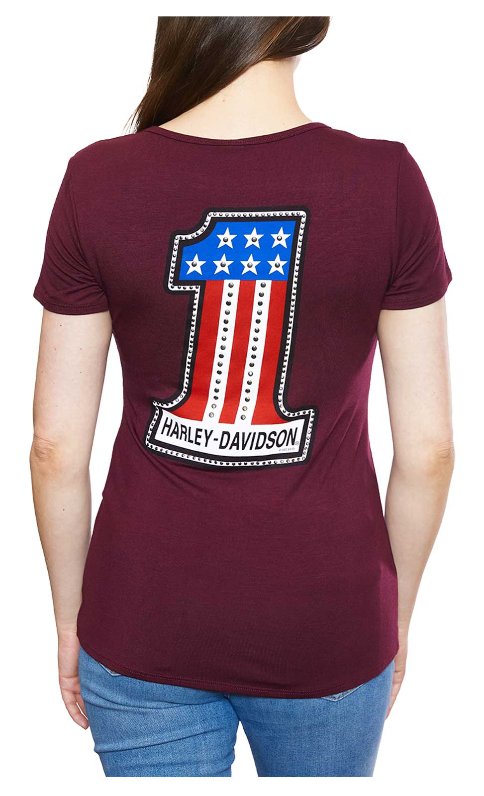 Harley-Davidson Women's #1 RWB Embellished Scoop Neck Short Sleeve Tee - Maroon - No Hassle Returns at Wisconsin Harley