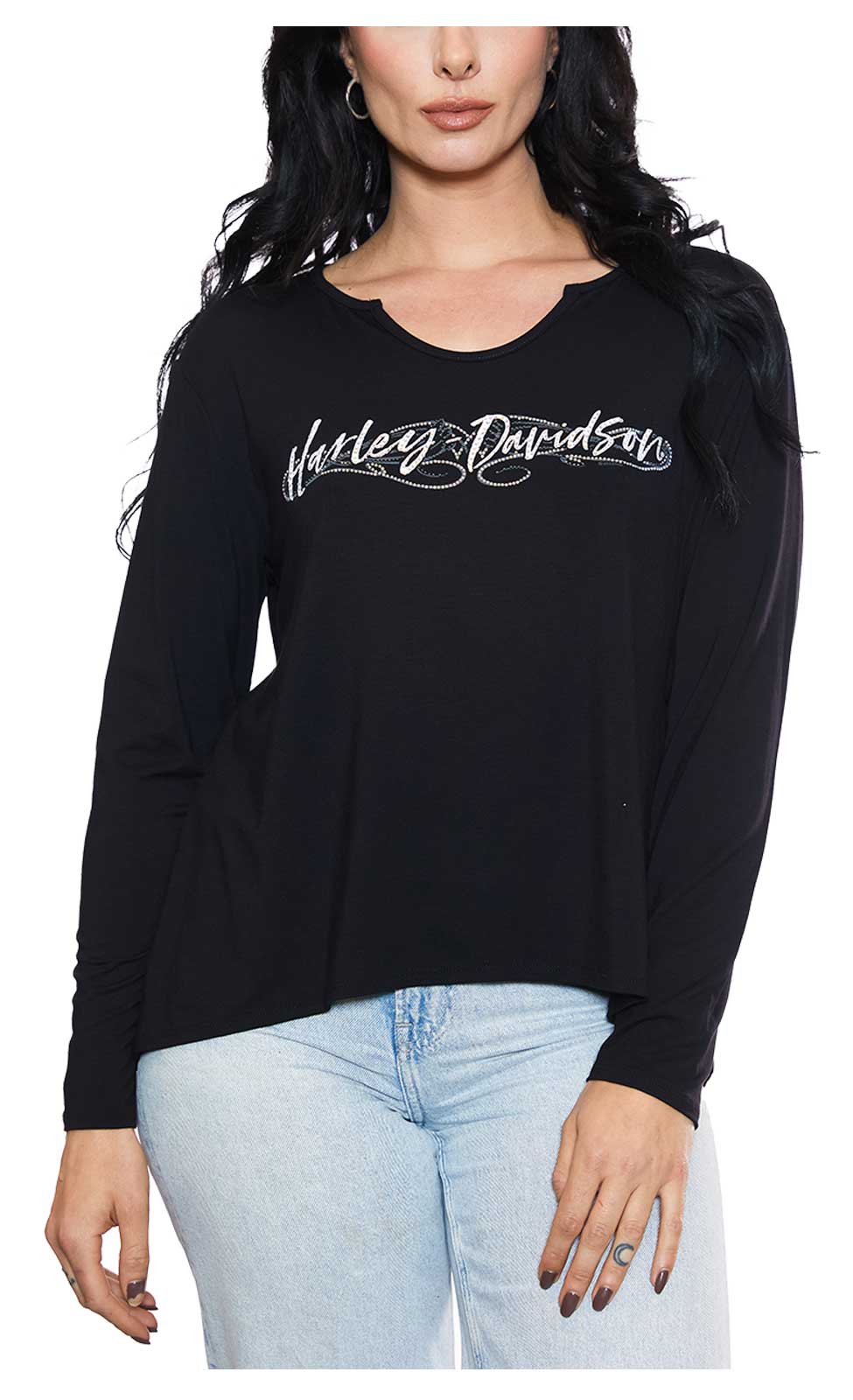 Harley-Davidson Women's Side Styles Notched High-Low Long Sleeve Shirt - Black - Wisconsin Harley-Davidson