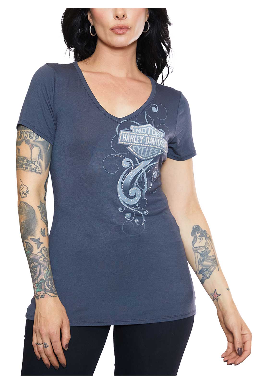 Harley-Davidson Women's Embellished B&S Short Sleeve V-Neck Tee - Gray - Wisconsin Harley-Davidson