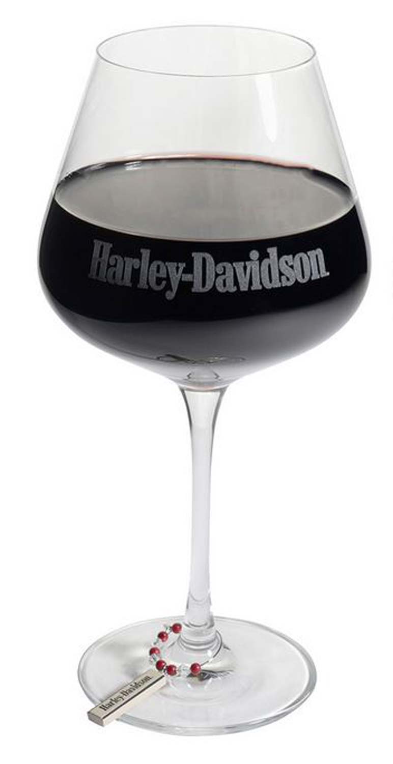 Harley-Davidson® Wine Glass Set w/ Charms, Etched H-D Script, Set
