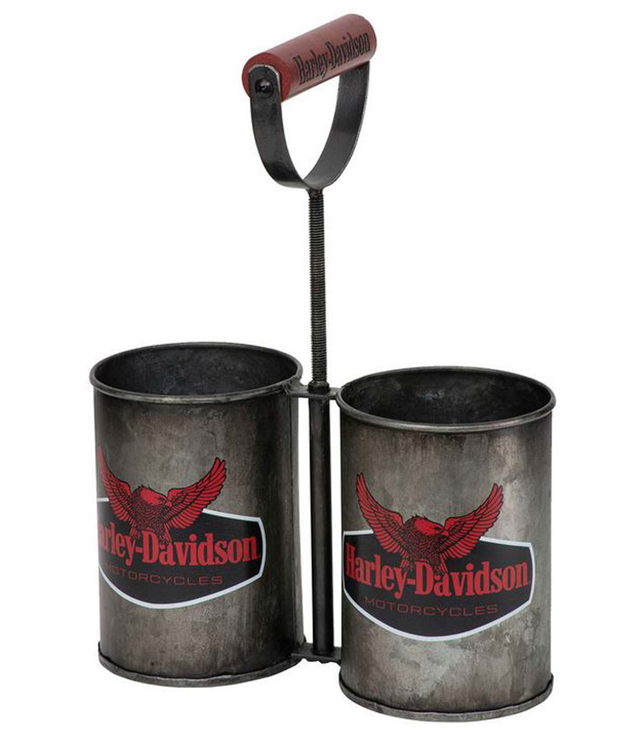 Harley-Davidson Wine Bottle Caddy, Metal Holds 2 Bottles, Wooden Handle - Wisconsin Harley-Davidson