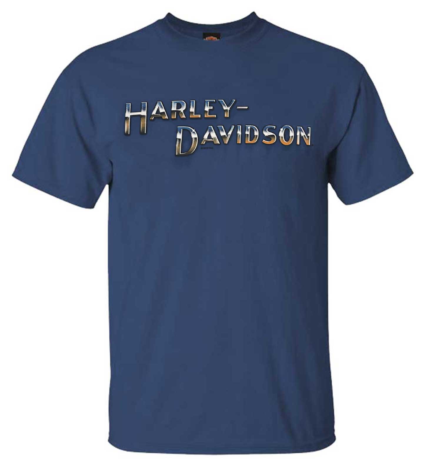 Harley-Davidson Men's H-D Name Chrome Logo Printed Cotton Tee Shirt, Blue - Wisconsin Harley-Davidson