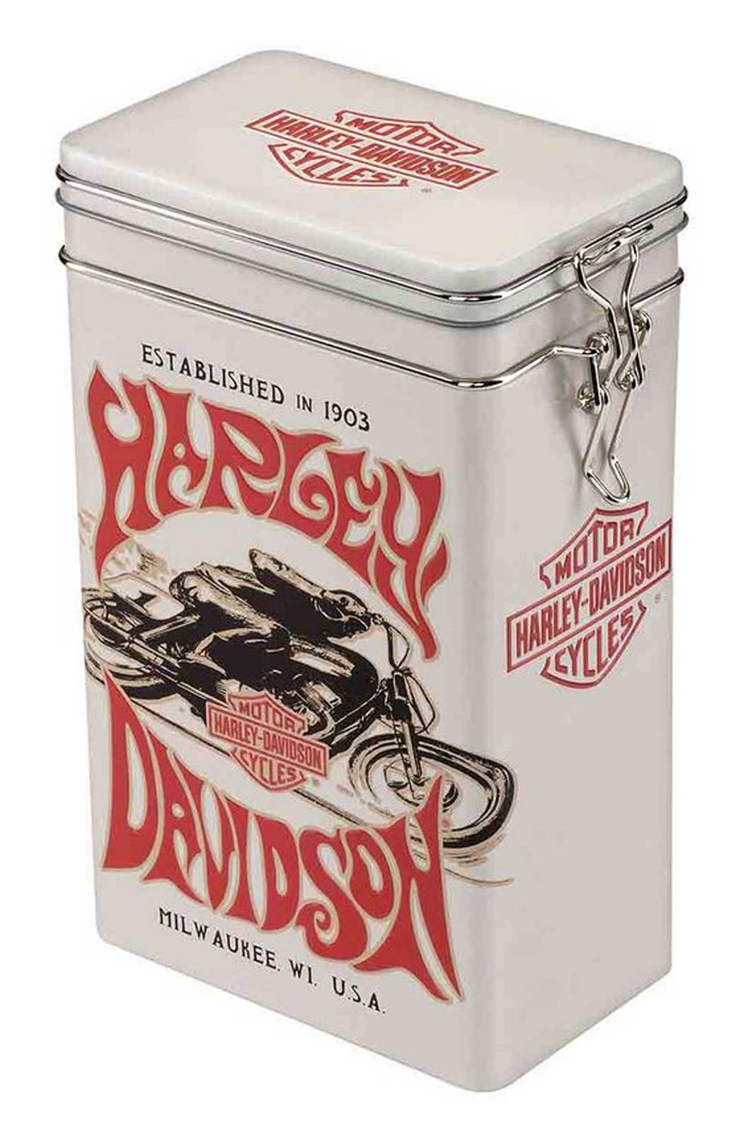 Harley-Davidson 1970s Embossed Racer Graphic Storage Tin, Metal Flip Closure - Wisconsin Harley-Davidson