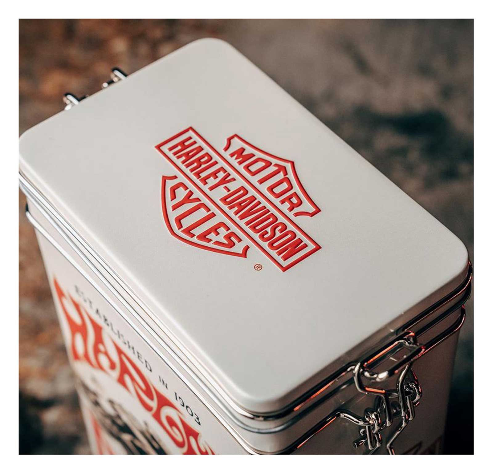 Harley-Davidson® 1970s Embossed Racer Graphic Storage Tin, Metal