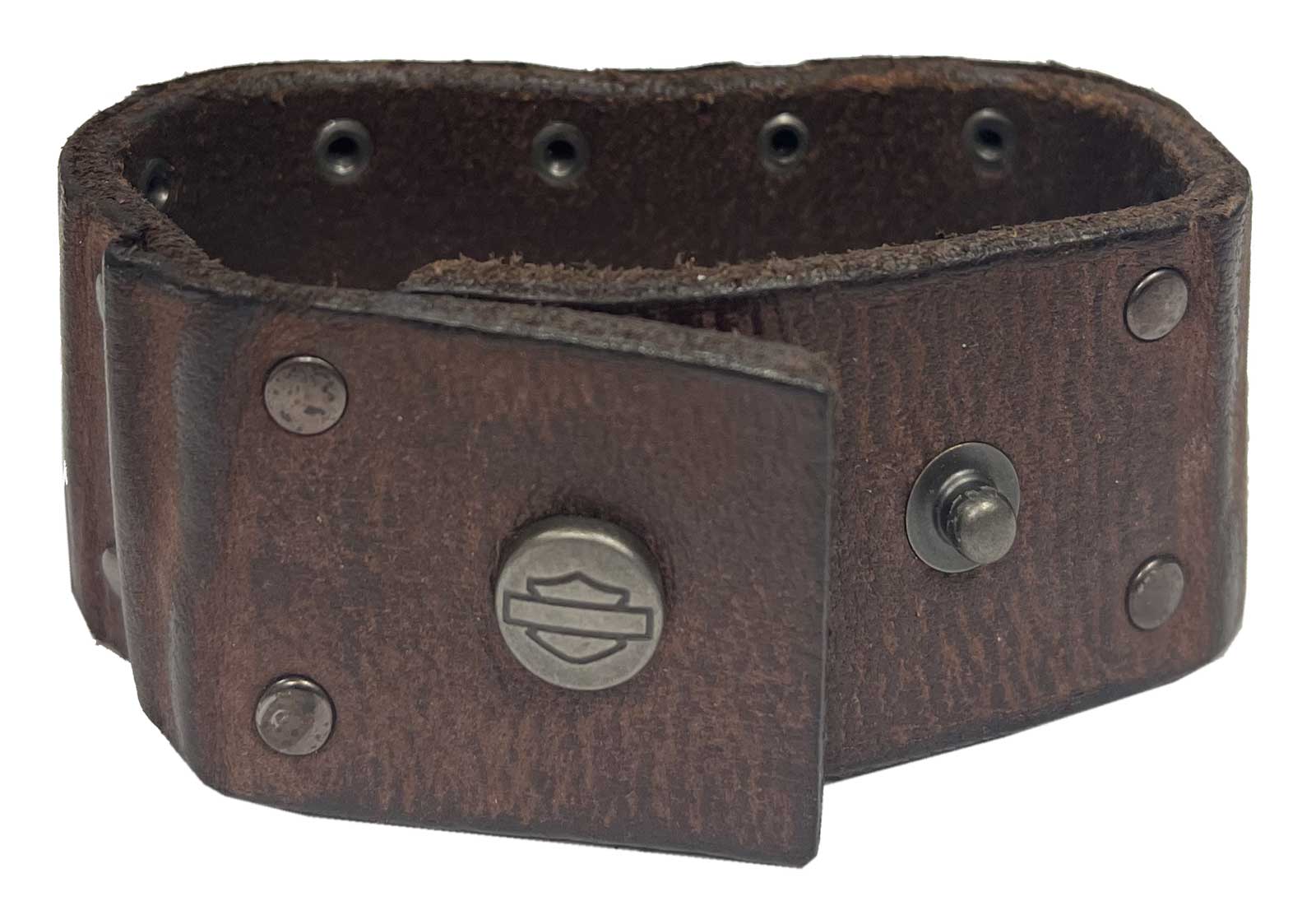 Harley-Davidson Men's Studded Ribbed Leather Cuff Bracelet Adjustable Wristband - Wisconsin Harley-Davidson