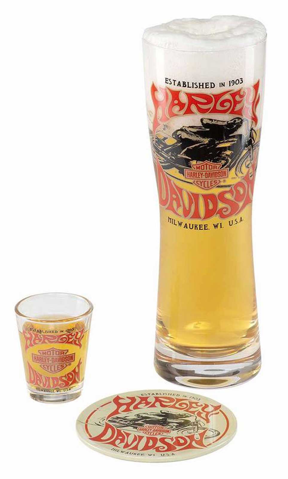 Harley-Davidson 1970s Racer Pilsner & Shot Glass Gift Set w/Matching Tin Coaster - Wisconsin Harley-Davidson