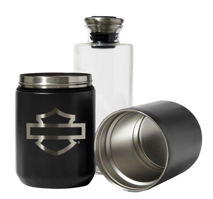 Harley-Davidson Travel Decanter, Glass w/ Insulated Stainless Steel Case Cups - Wisconsin Harley-Davidson