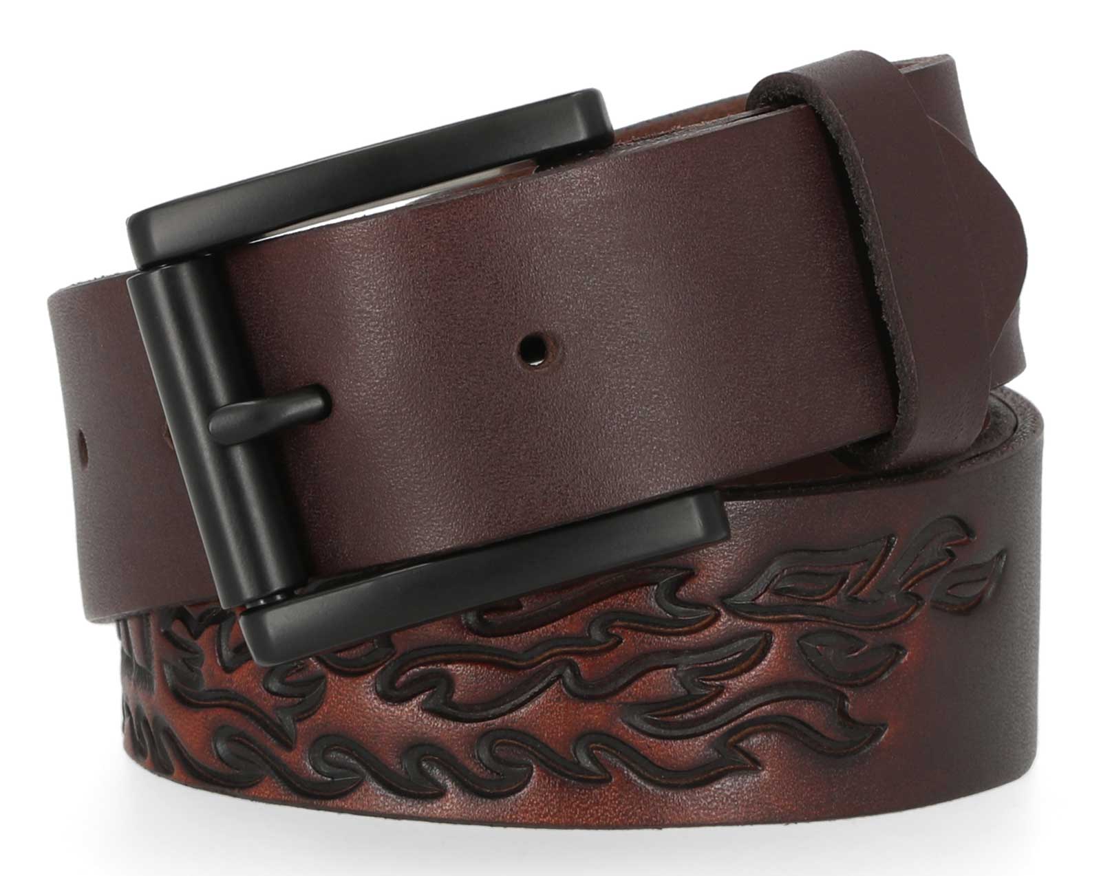 Harley-Davidson Men's Tooled Flames H-D Logo Genuine Leather Belt - Brown - Wisconsin Harley-Davidson