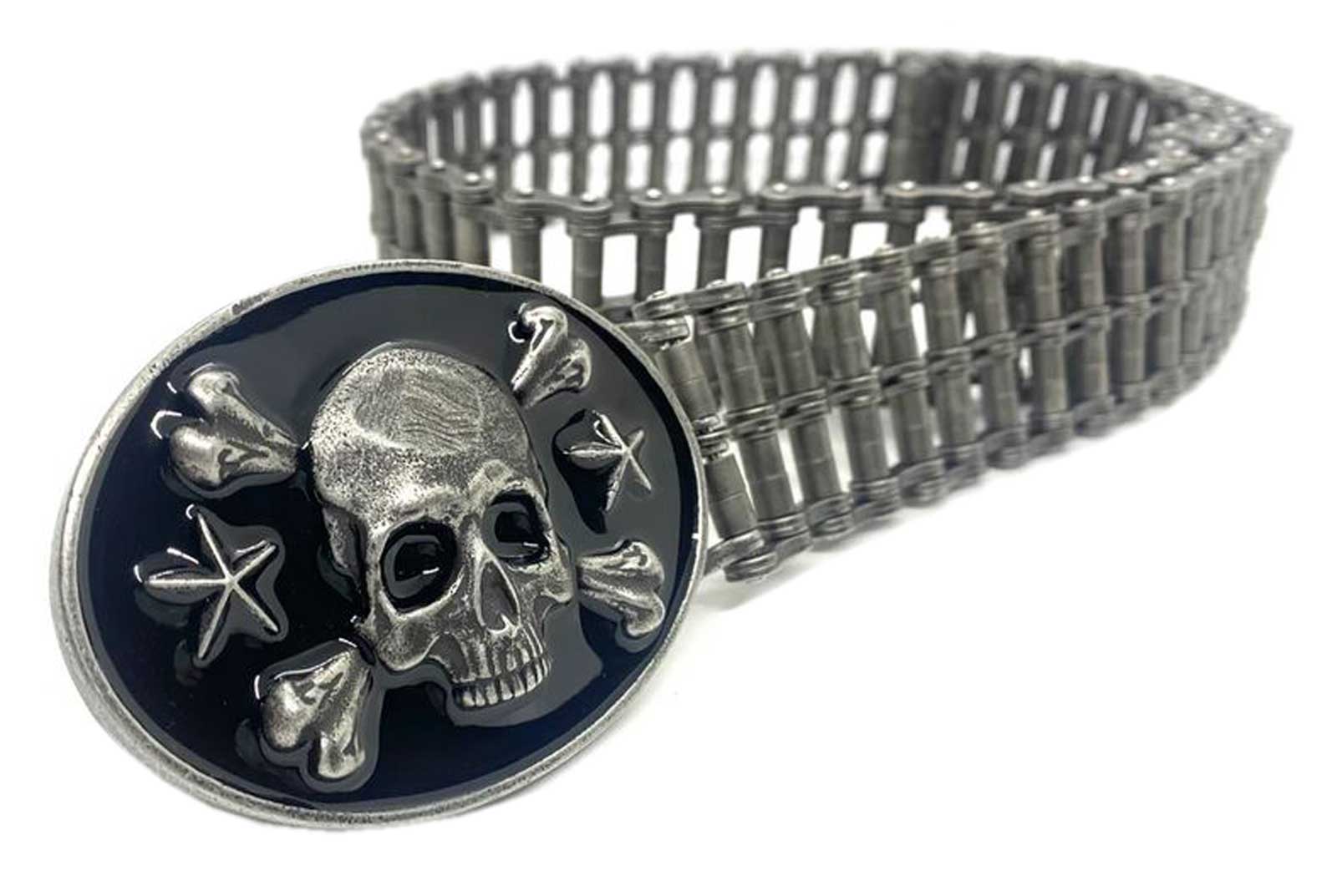 Heavy Metal Mens Easy Riders Stainless Steel Metal Belt, Distressed Skull Buckle - Wisconsin Harley-Davidson
