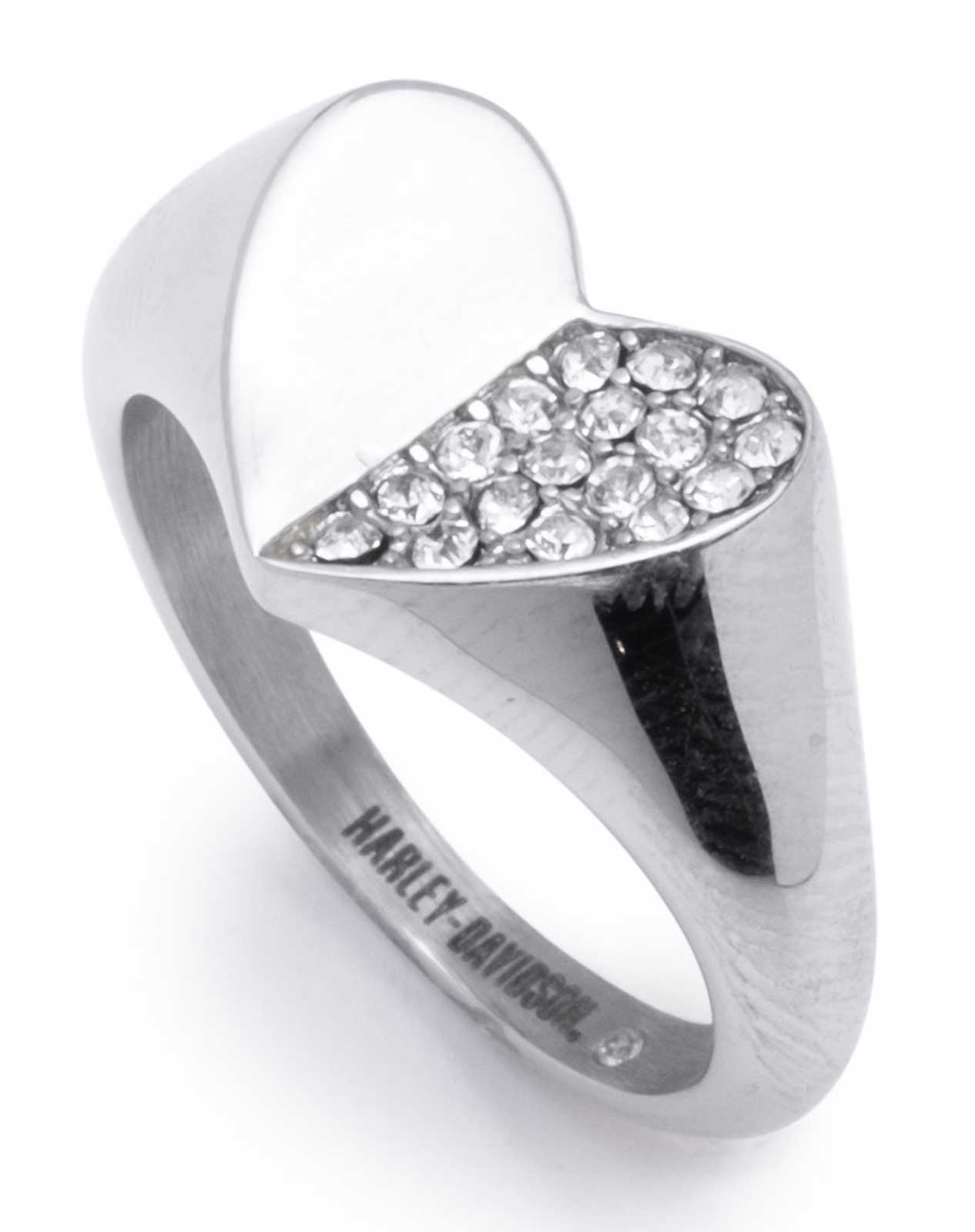 Harley-Davidson Women's Crystal Half Pave Heart Ring - Silver Stainless Steel - Wisconsin Harley-Davidson
