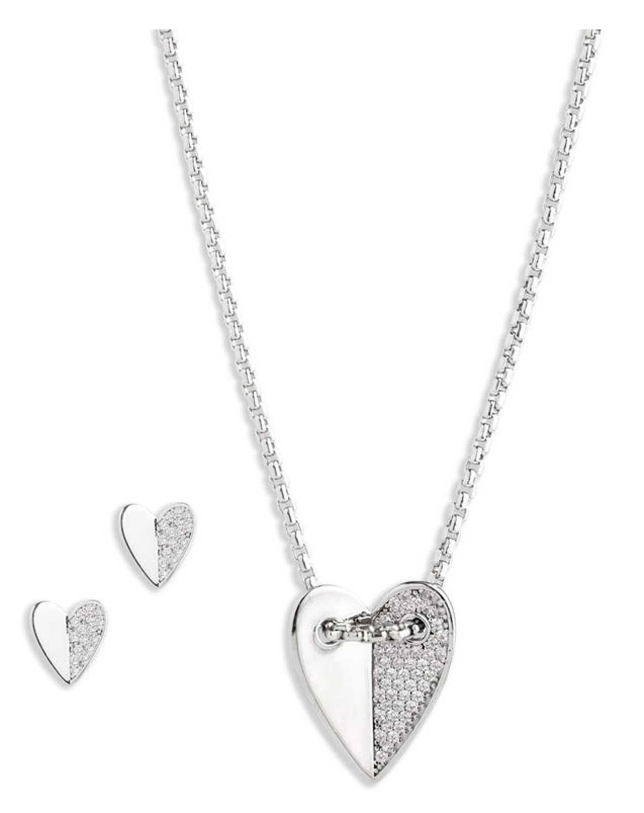 Harley-Davidson Women's Half Pave Crystal Heart Necklace & Earring Set, Silver - Wisconsin Harley-Davidson