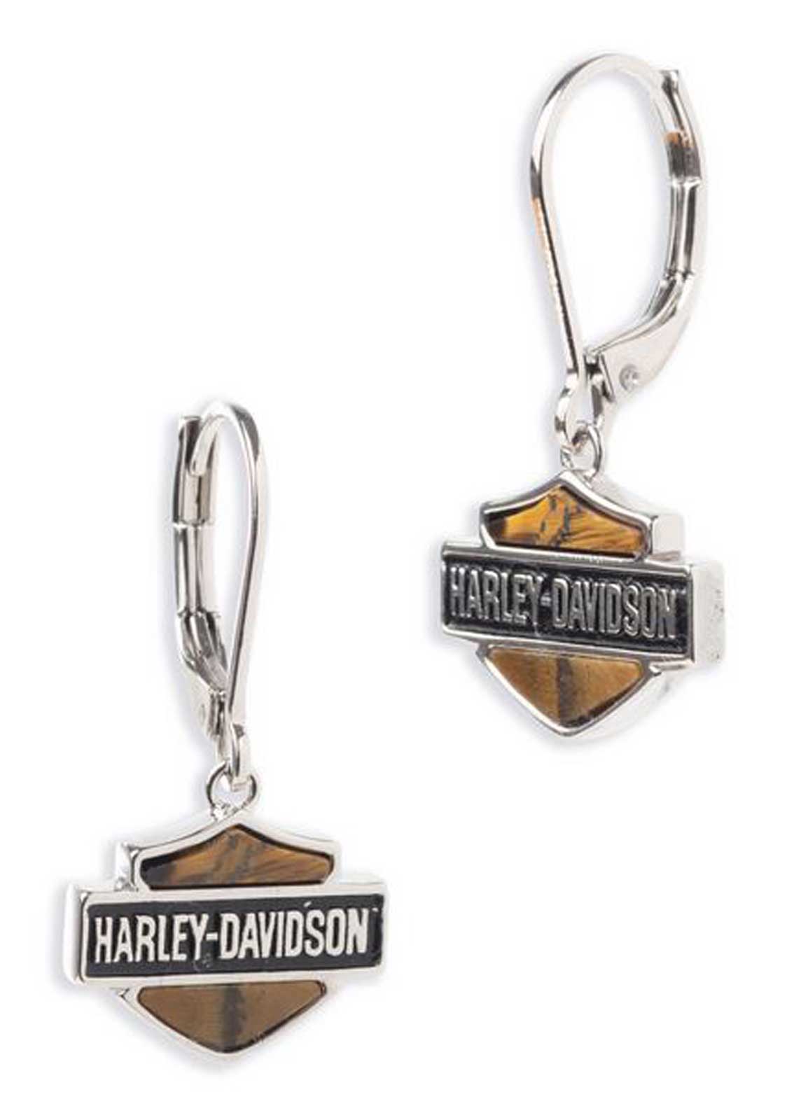 Harley-Davidson Women's Tiger's Eye H-D Bar & Shield Logo Drop Earrings, Silver - Wisconsin Harley-Davidson